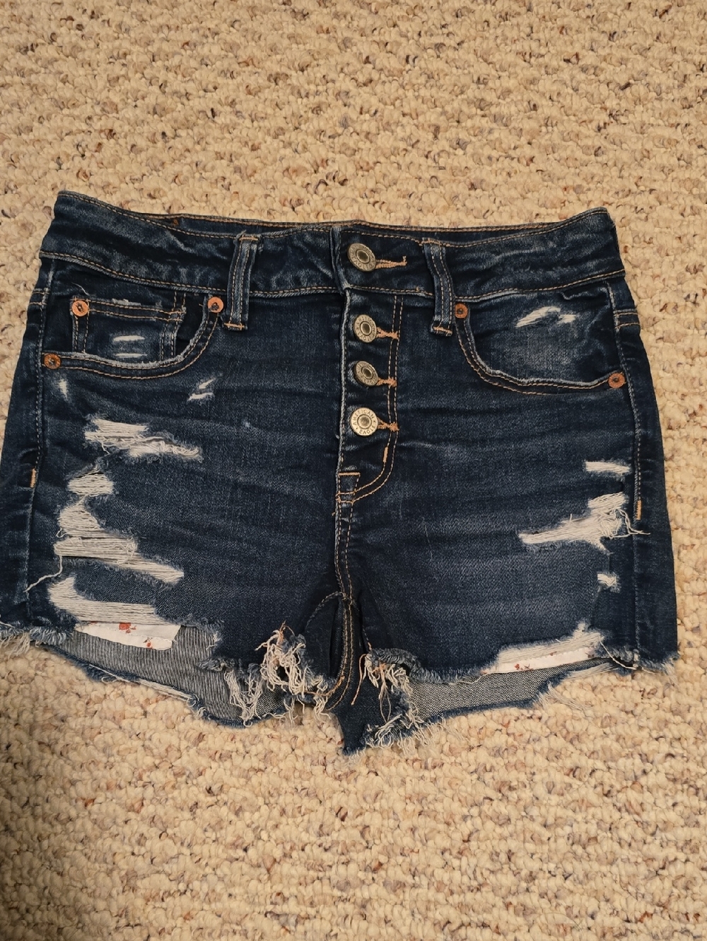 American Eagle Outfitters Dark Indigo Distressed Jean Shorts. hi-rise shortie